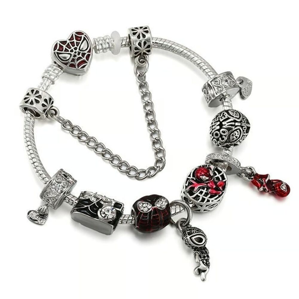 Disney Pandora Anime Red Enamel Spider-Man Charms Bracelet for Women | 19 cm